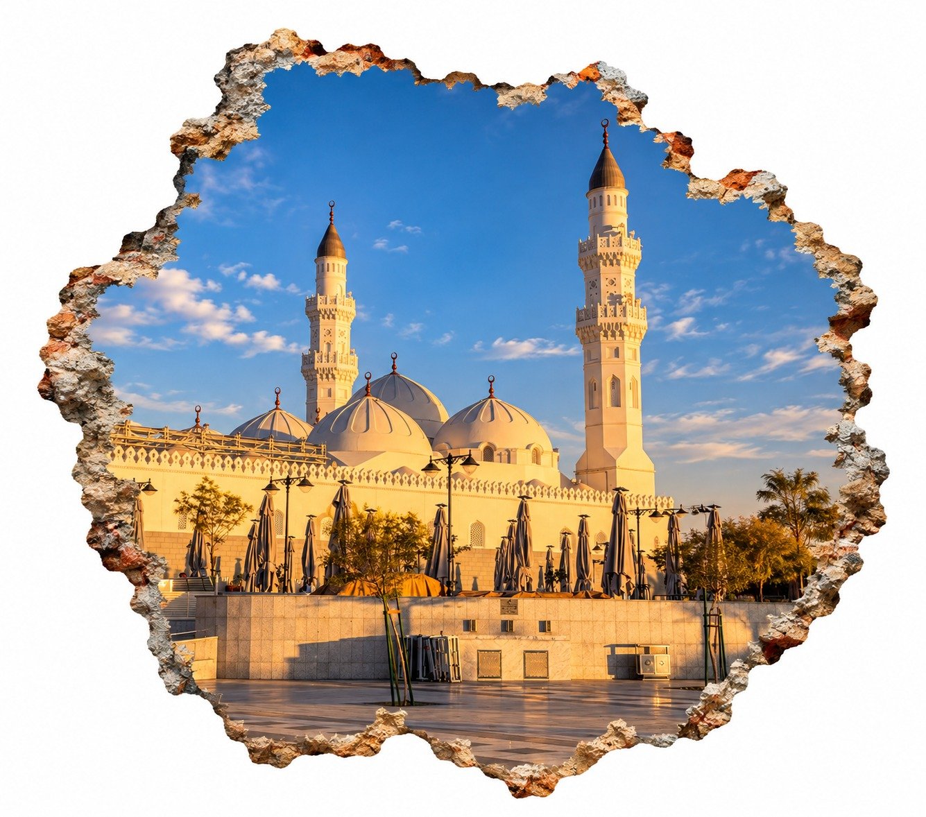 Mosque Courtyard Through a Torn Stone Frame